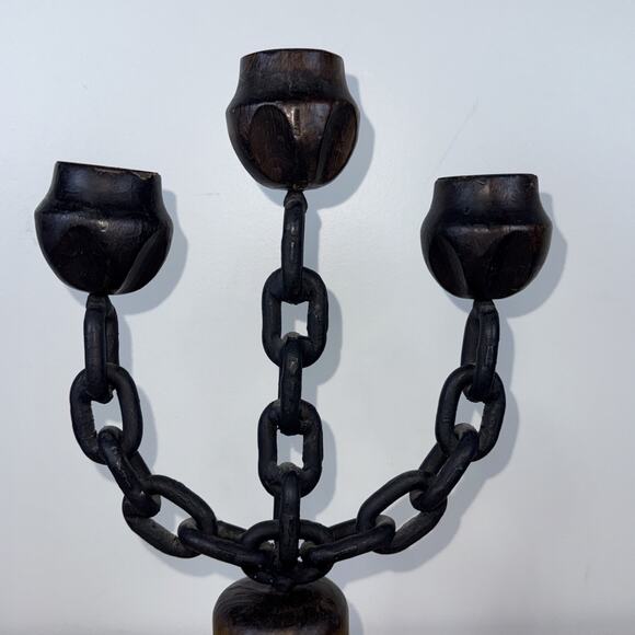 Iron Chain Carved Wood Bell Candle Holders Candelabra Gothic Medieval 13.5” - Picture 8 of 10